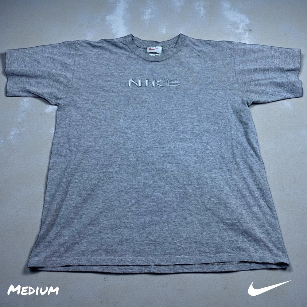VTG Nike T Shirt Mens Medium Gray Spell Out M Logo Swoosh Y2K Graphic Print